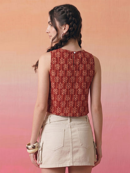 Janasya Maroon Crop Cotton Top - Dista