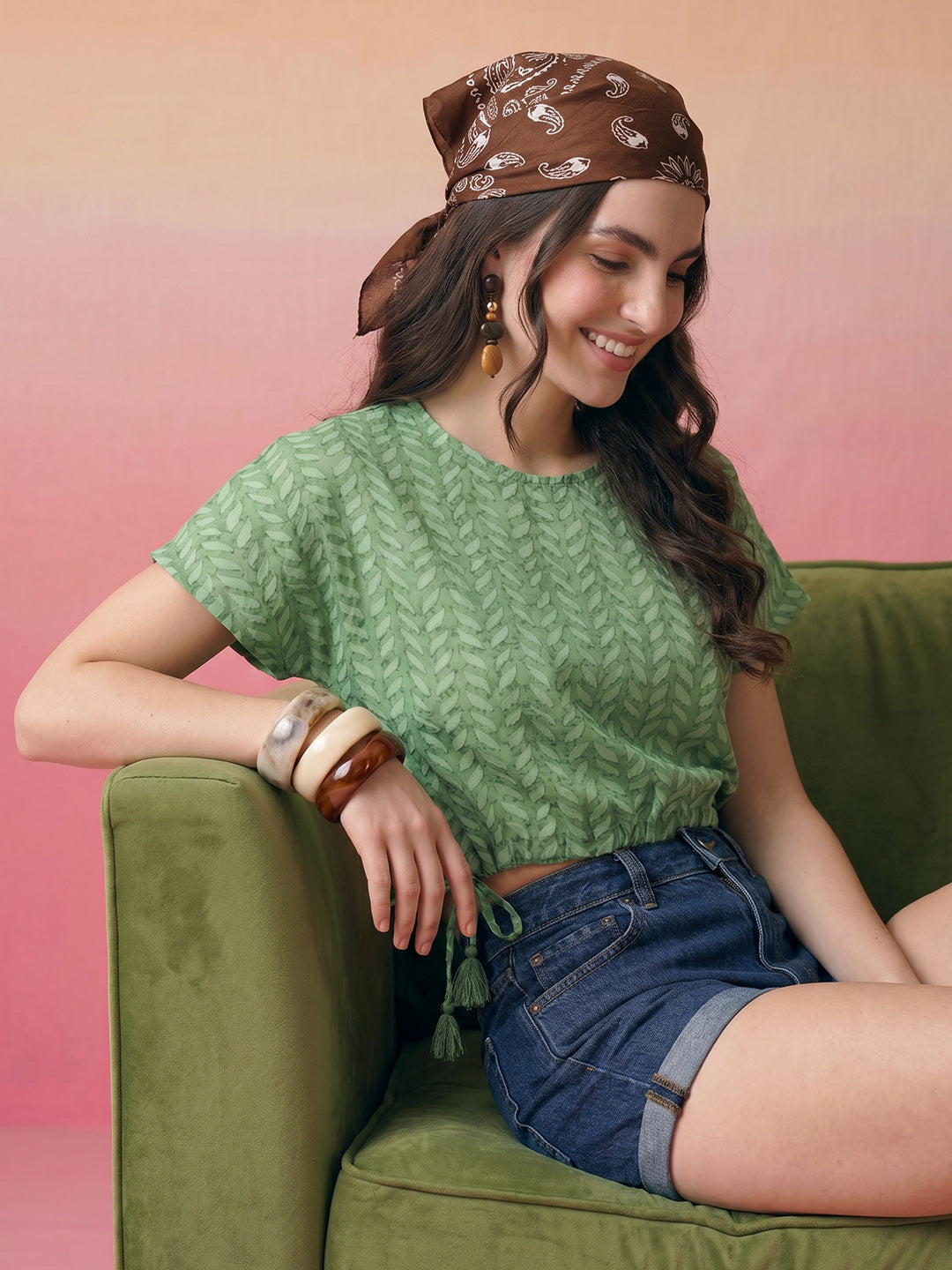 Janasya Green Crop Cotton Top - Dista