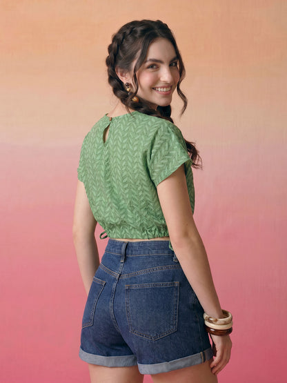 Janasya Green Crop Cotton Top - Dista