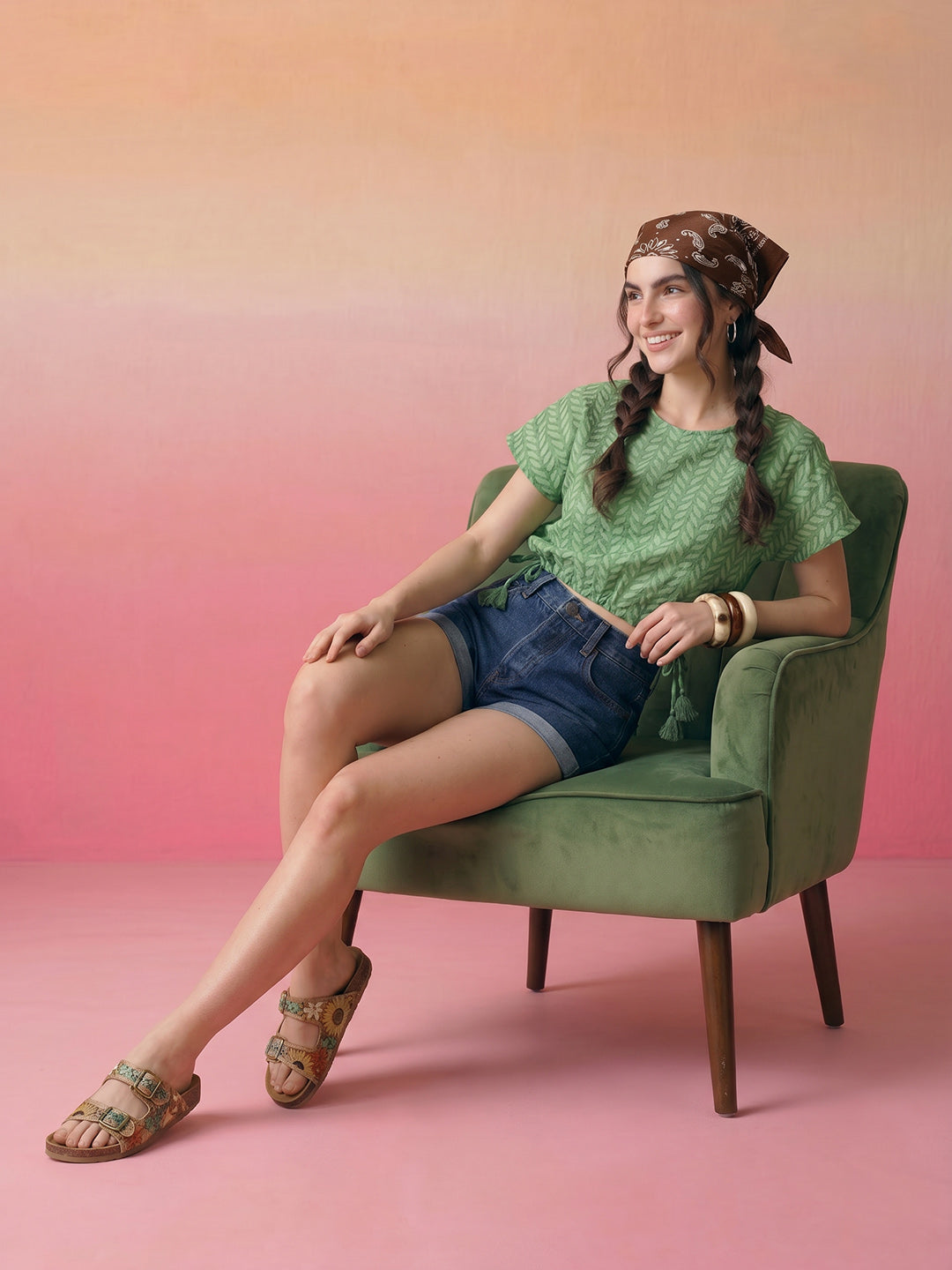 Janasya Green Crop Cotton Top - Dista