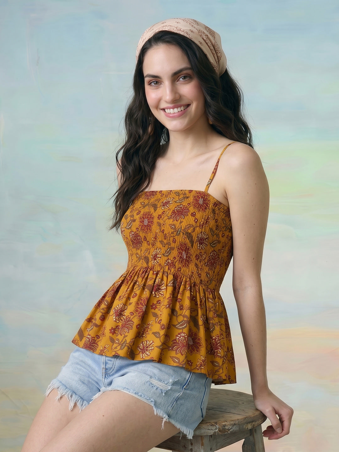 Janasya Mustard Peplum Cotton Top - Dista
