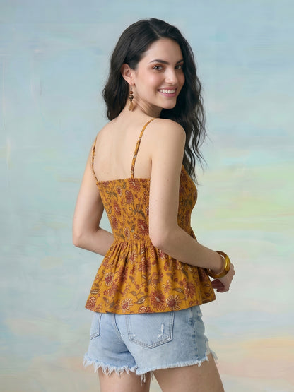 Janasya Mustard Peplum Cotton Top - Dista