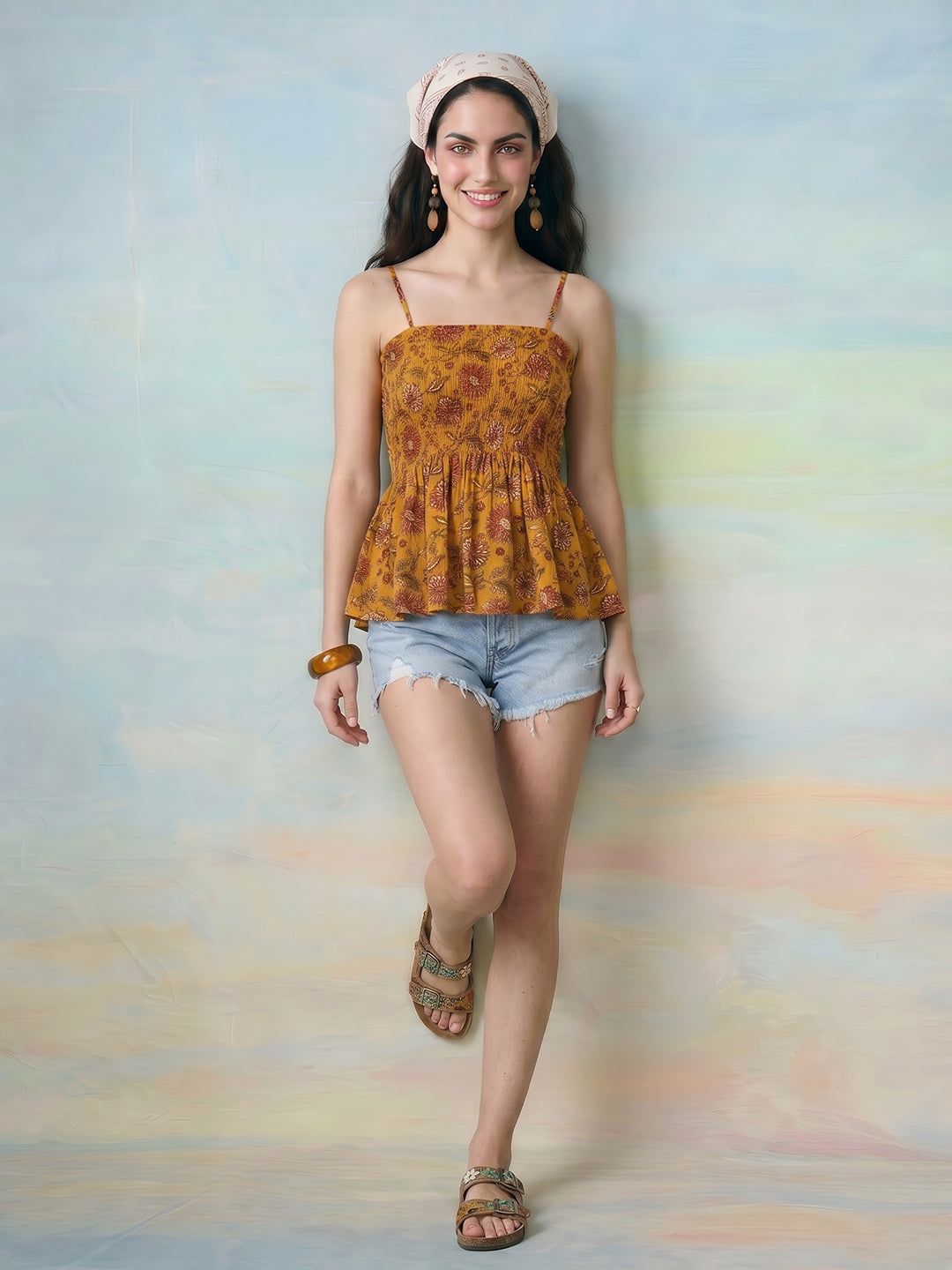 Janasya Mustard Peplum Cotton Top - Dista