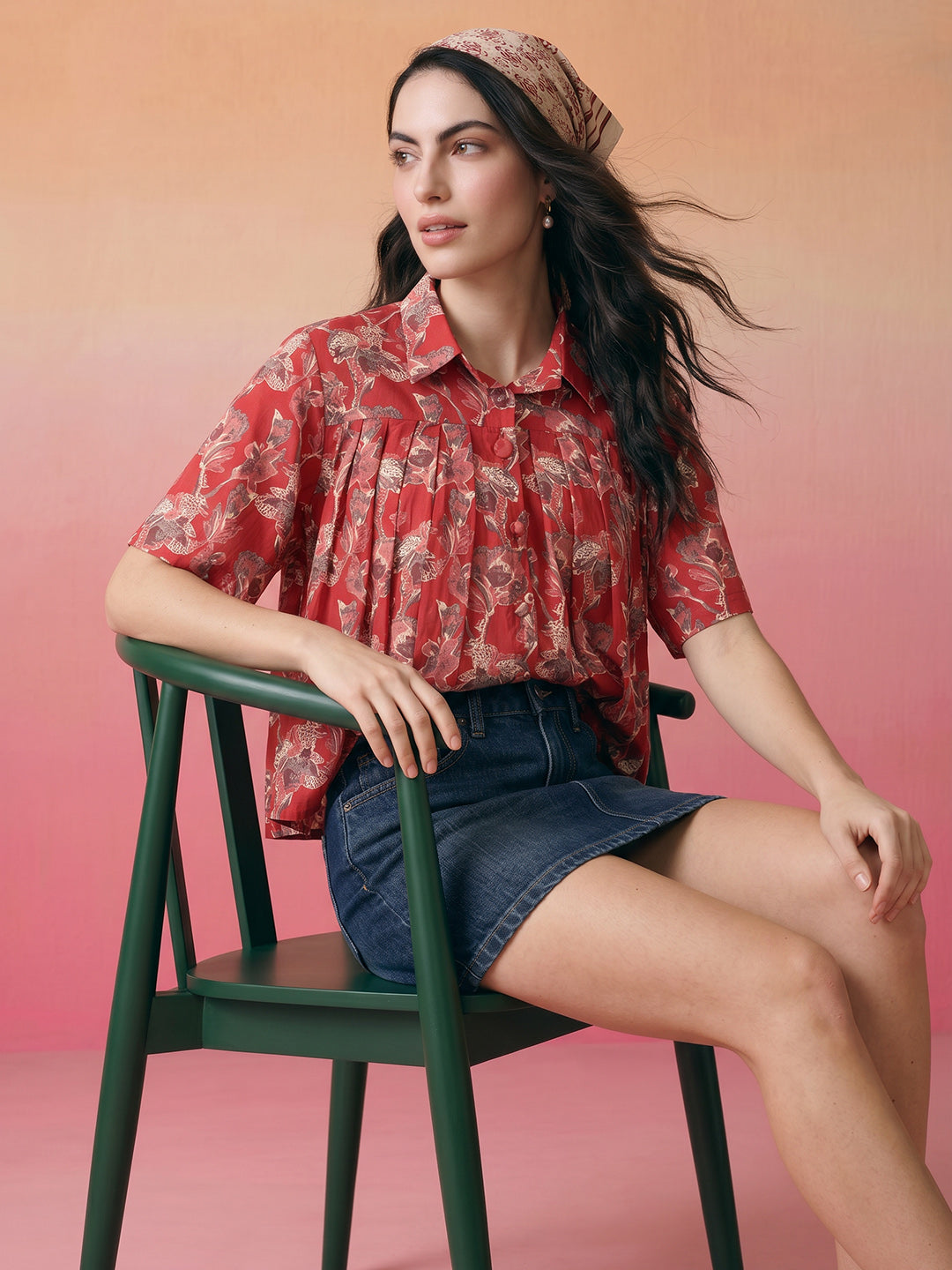 Janasya Red Flared Cotton Top - Dista