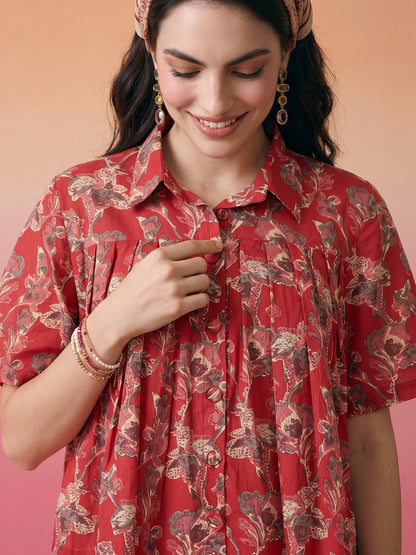 Janasya Red Flared Cotton Top - Dista