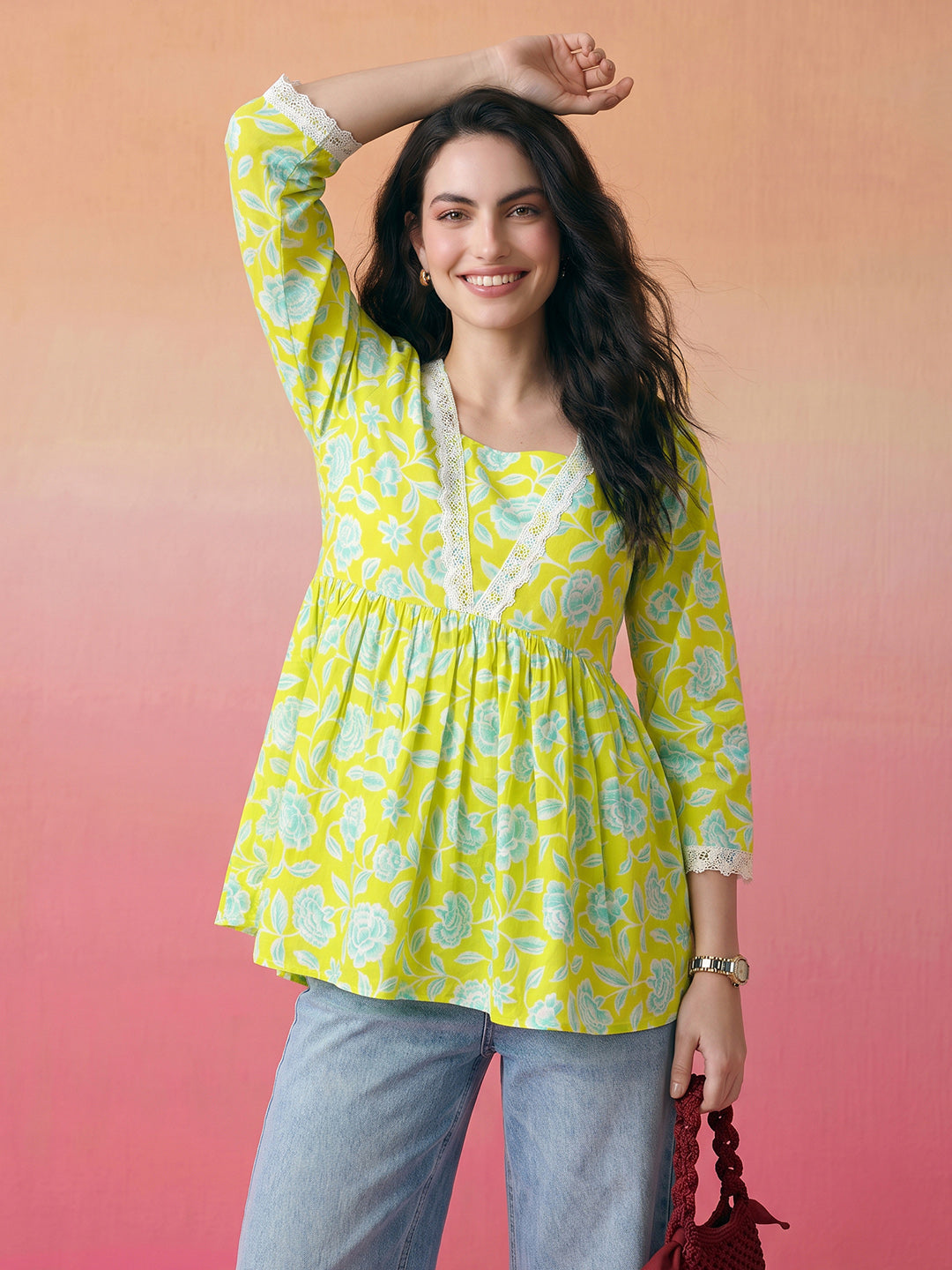 Janasya Lime Green A-Line Cotton Top - Dista
