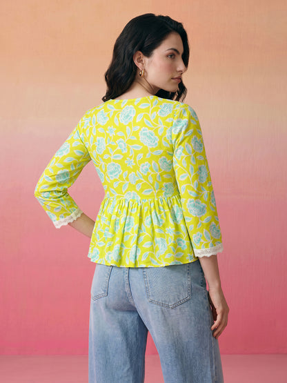 Janasya Lime Green A-Line Cotton Top - Dista