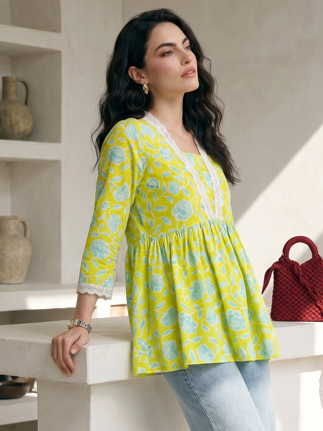 Janasya Lime Green A-Line Cotton Top - Dista