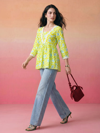 Janasya Lime Green A-Line Cotton Top - Dista