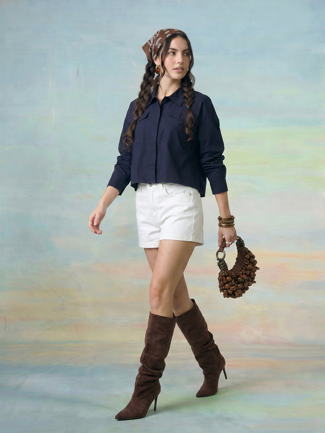 Janasya Navy Blue Shirt Cotton Top - Dista