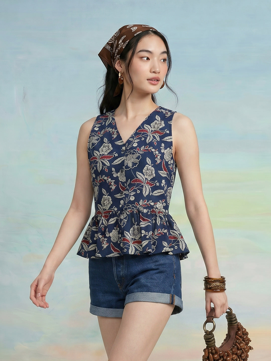 Janasya Navy Blue Peplum Cotton Top - Dista