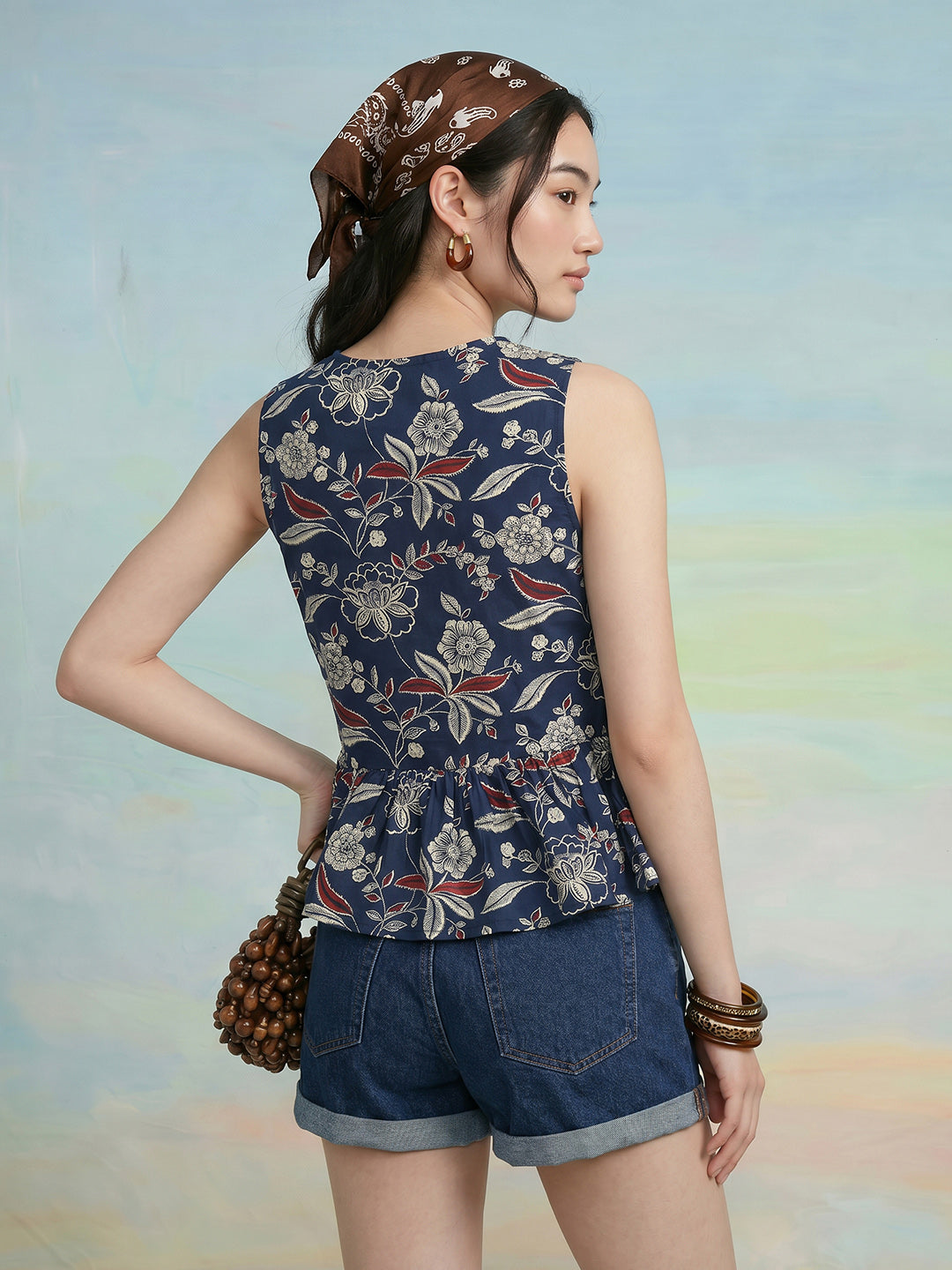 Janasya Navy Blue Peplum Cotton Top - Dista