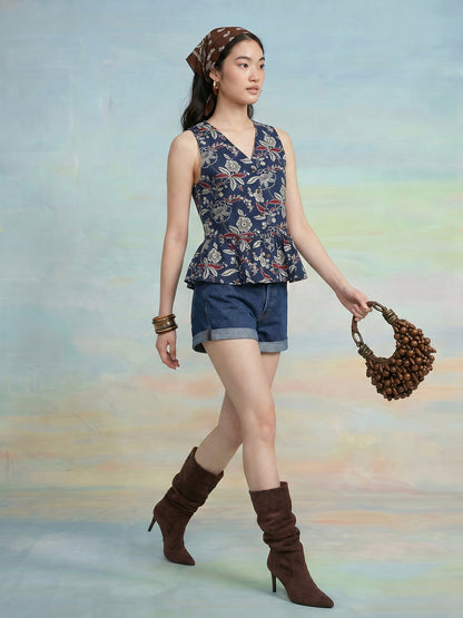 Janasya Navy Blue Peplum Cotton Top - Dista