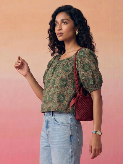 Janasya Dark Green Crop Cotton Top - Dista