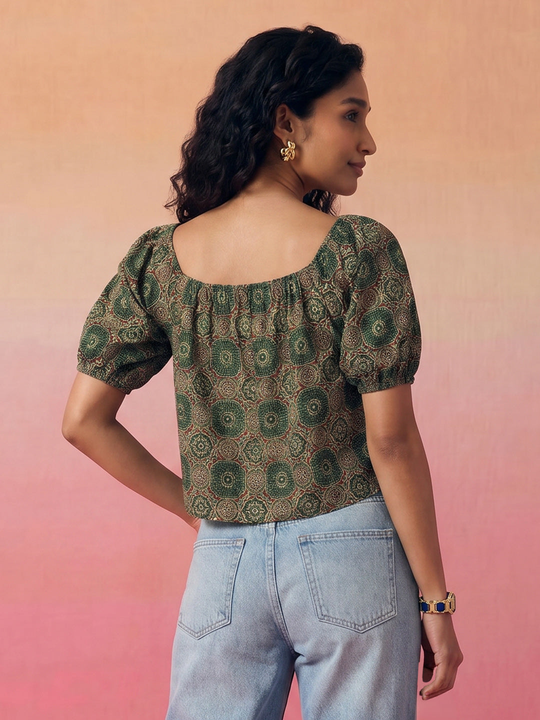 Janasya Dark Green Crop Cotton Top - Dista