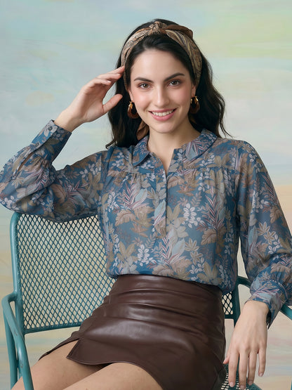 Janasya Teal Shirt Style Georgette Top - Dista