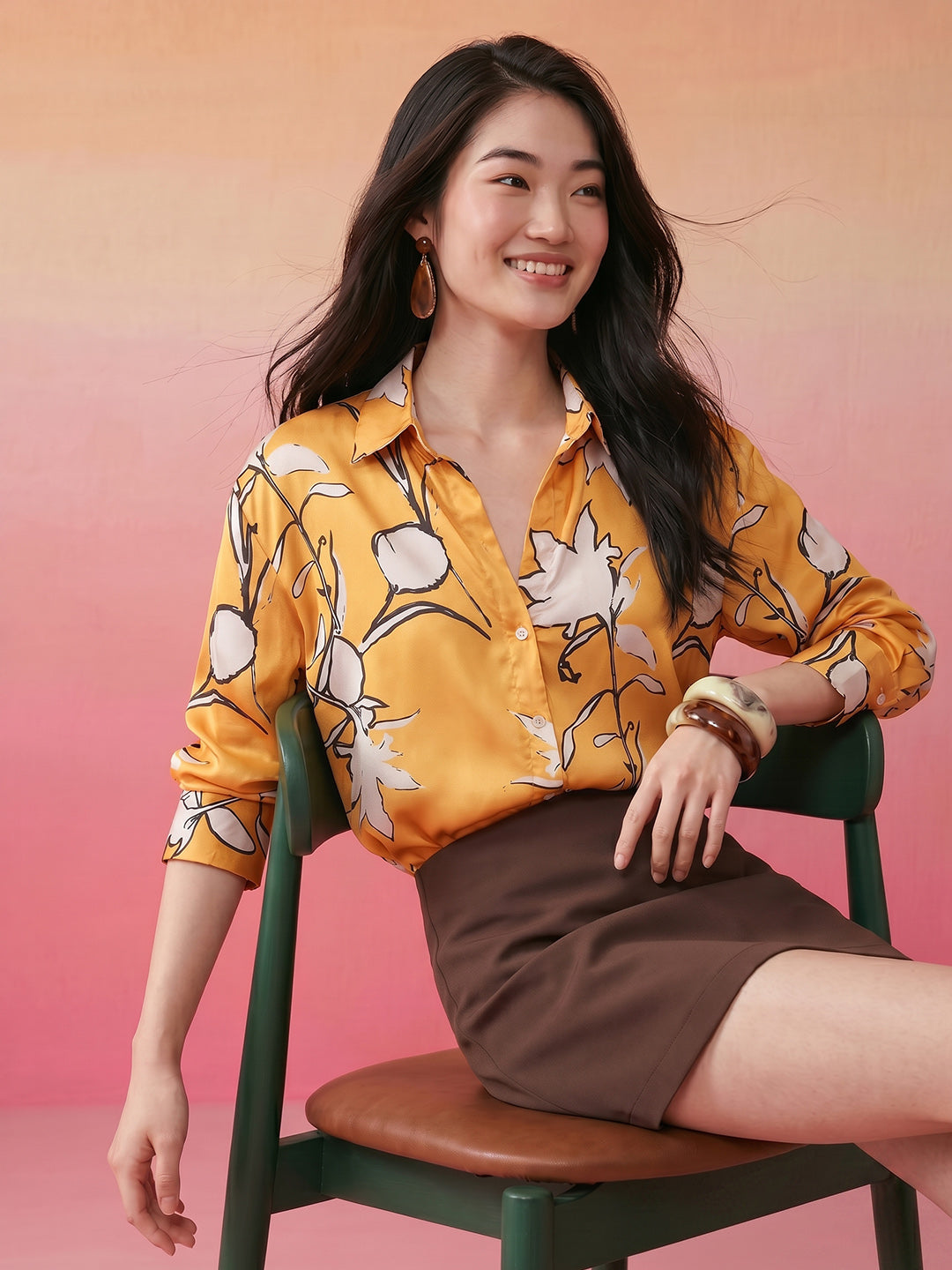 Janasya Mustard Shirt Satin Top - Dista