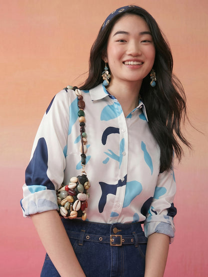 Janasya Off White Shirt Satin Top - Dista