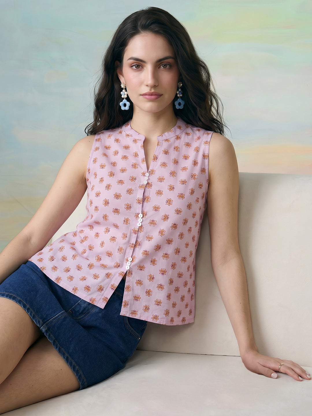 Janasya Lavender Straight Cotton Top - Dista