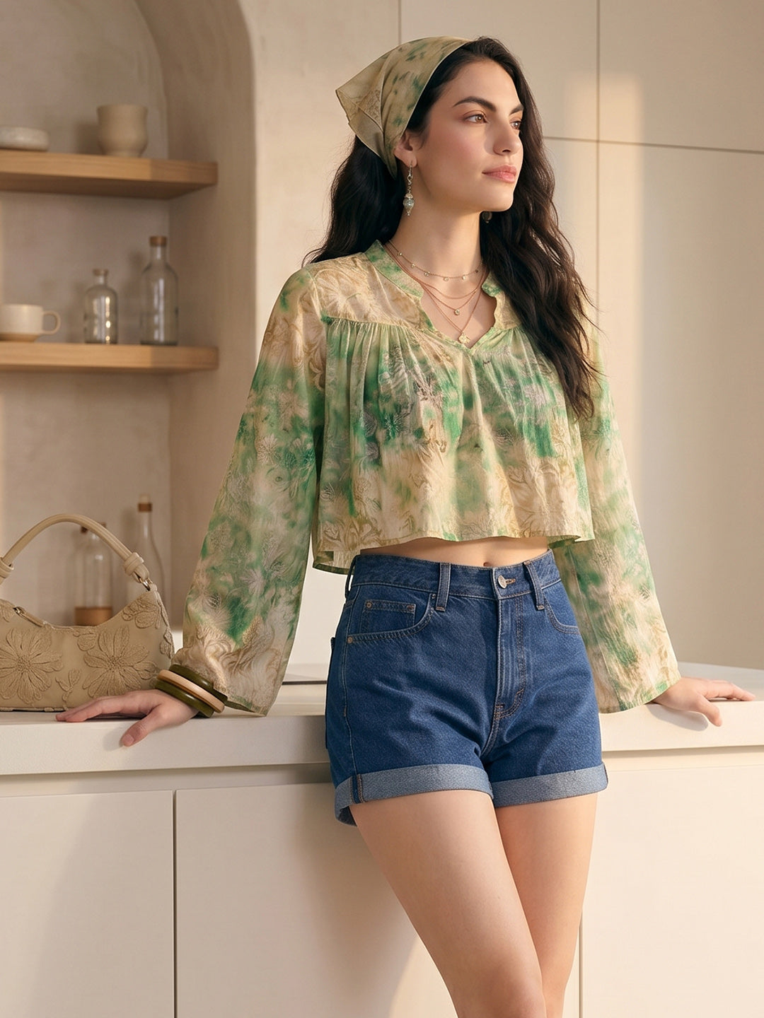 Janasya Multi Crop Chiffon Lurex Top