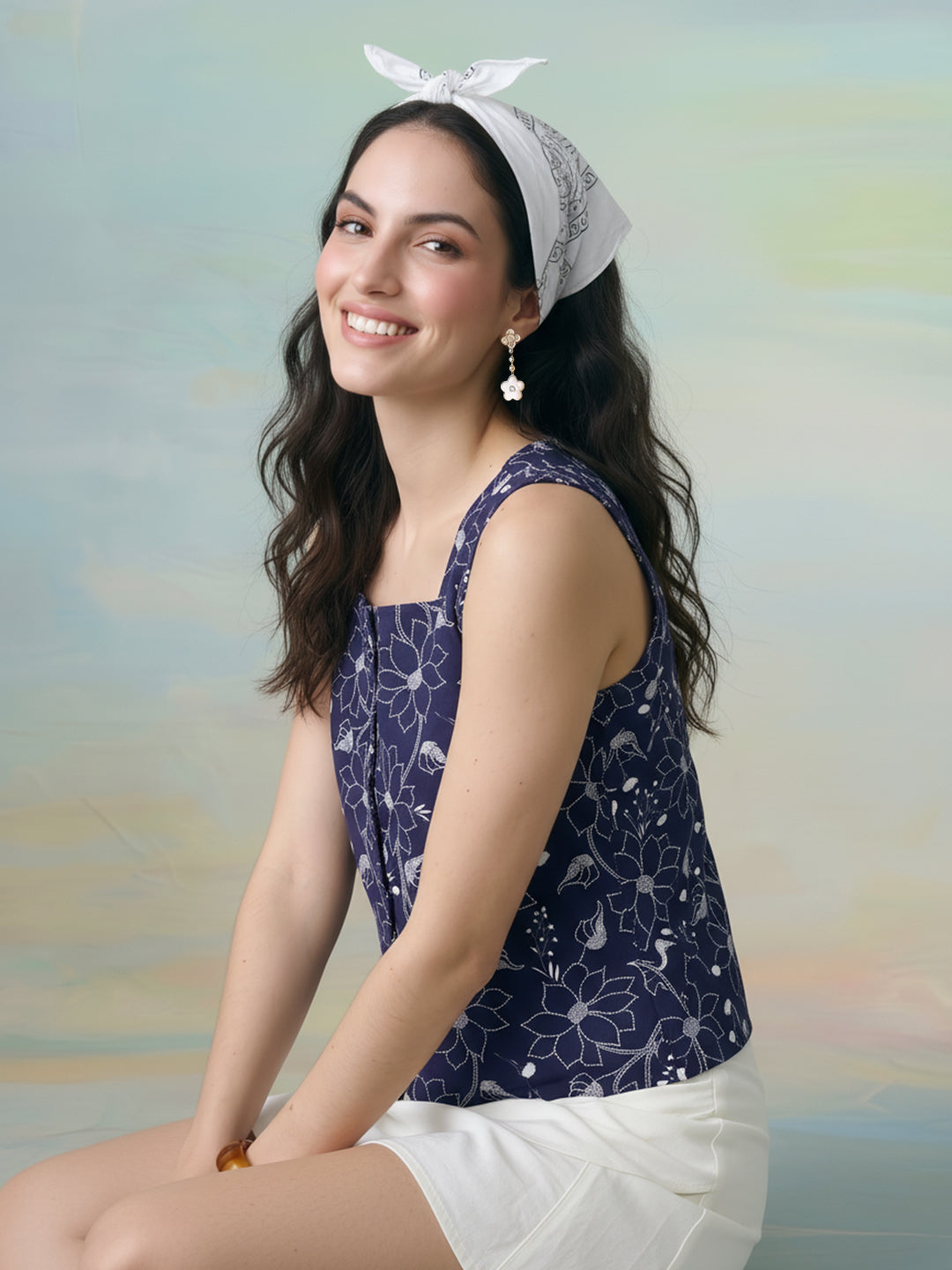 Janasya Navy Blue Waistcoat Rayon Blend Top - Dista
