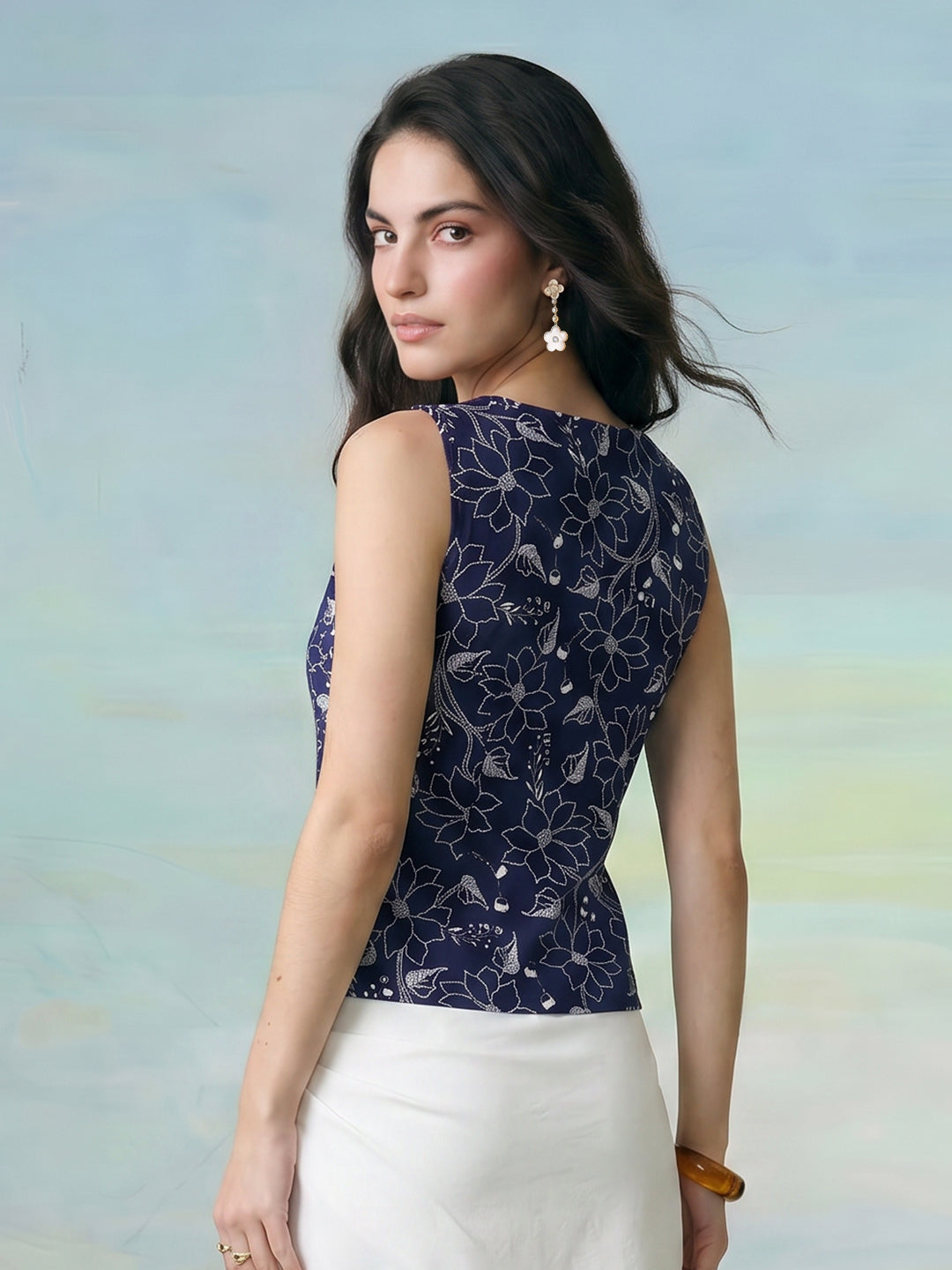 Janasya Navy Blue Waistcoat Rayon Blend Top - Dista