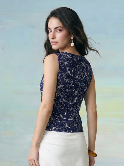 Janasya Navy Blue Waistcoat Rayon Blend Top - Dista