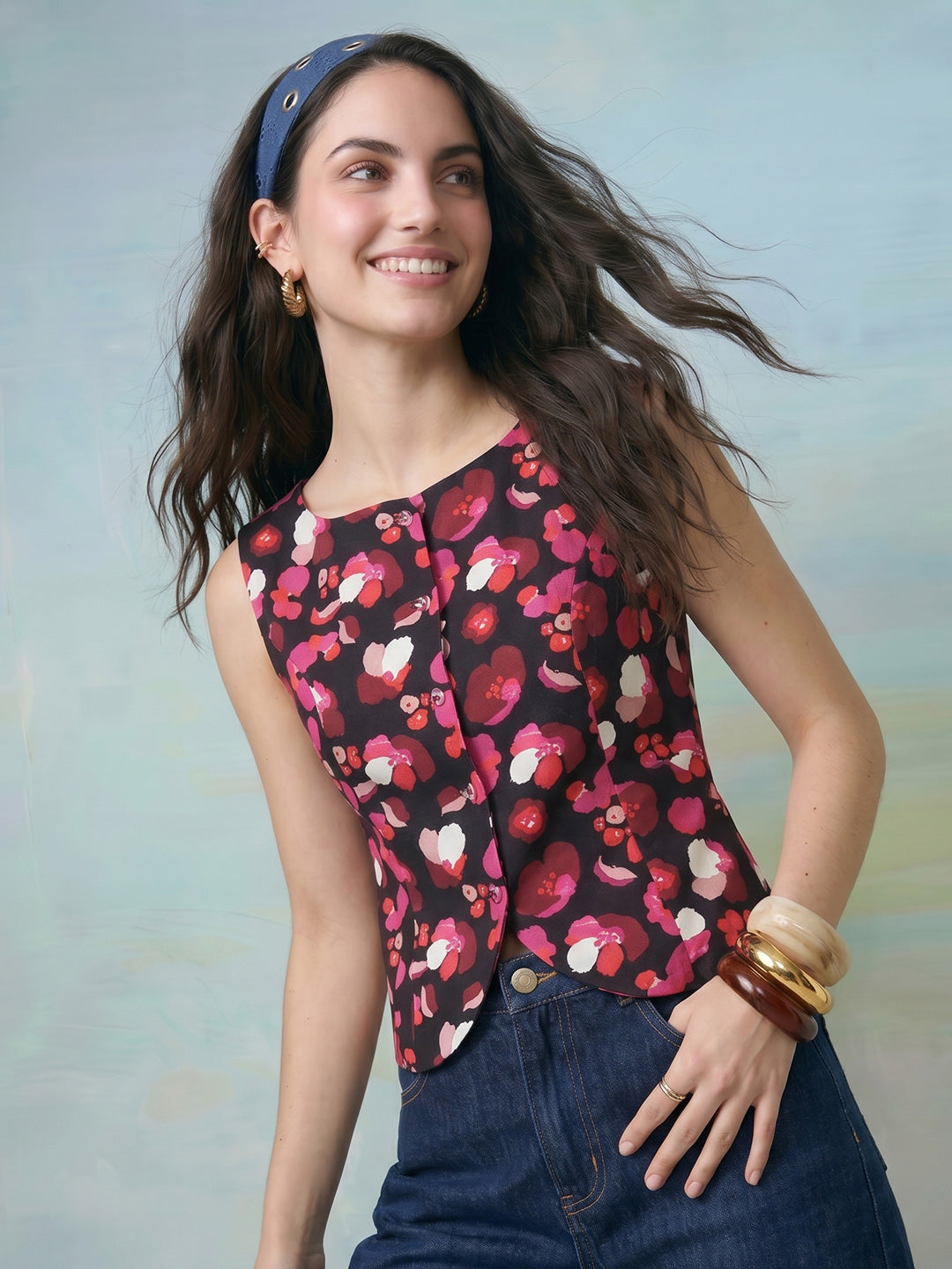 Janasya Black Waistcoat Rayon Blend Top - Dista