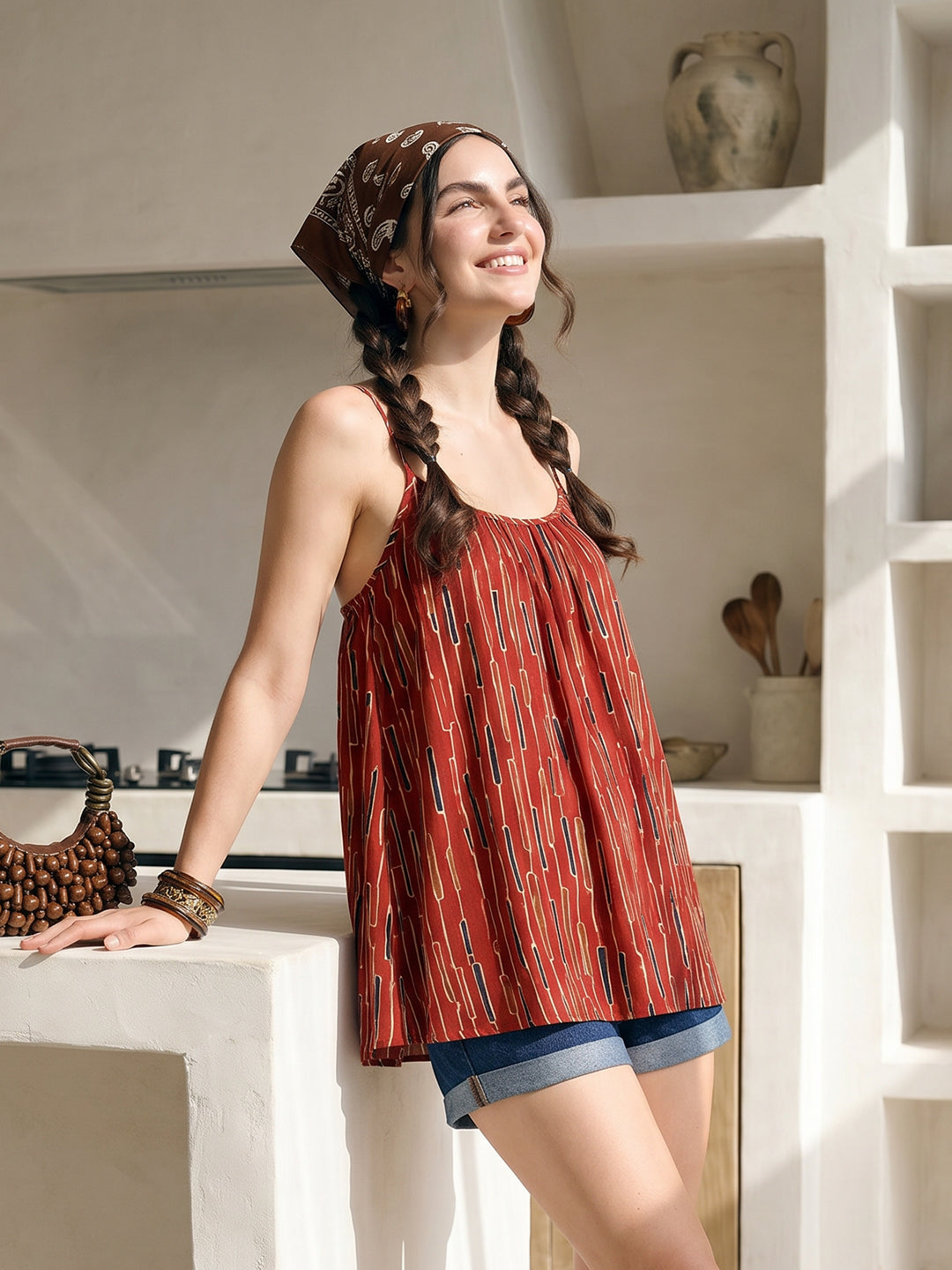 Janasya Rust A-Line Cotton Top - Dista