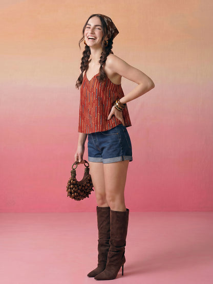 Janasya Rust A-Line Cotton Top - Dista