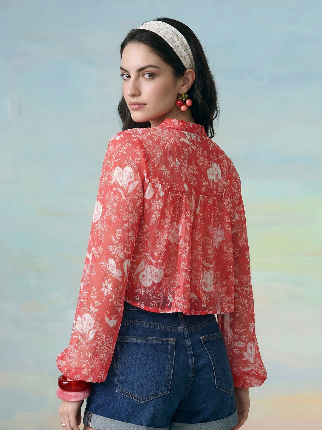 Janasya Coral Crop Chiffon Lurex Top - Dista