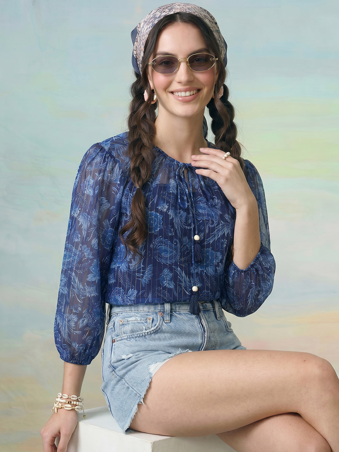 Janasya Navy Blue Straight Chiffon Lurex Top