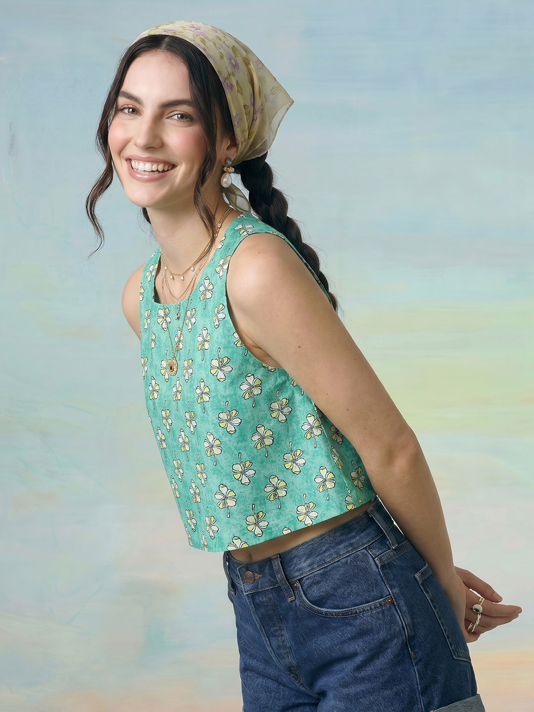 Janasya Sea Green Crop Cotton Top - Dista