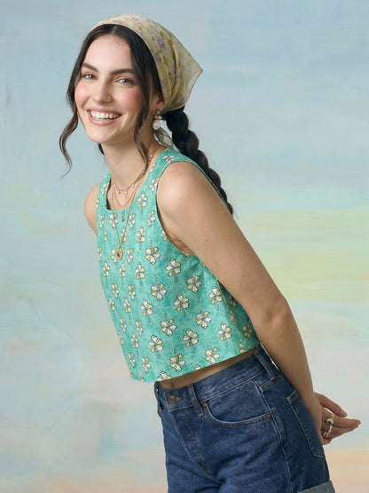Janasya Sea Green Crop Cotton Top - Dista