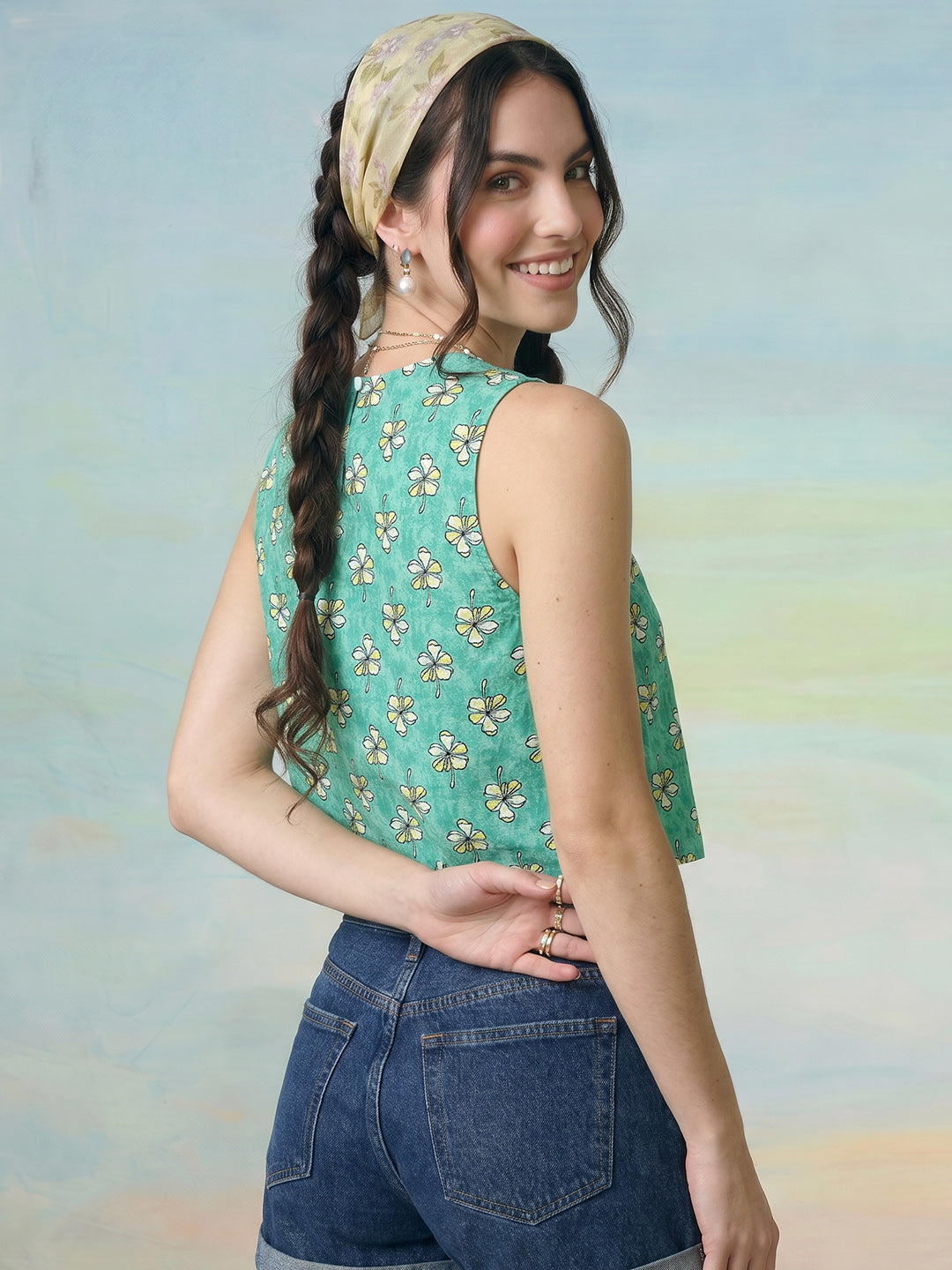 Janasya Sea Green Crop Cotton Top - Dista