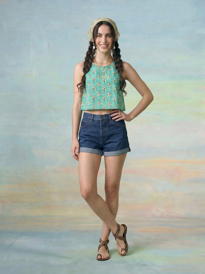 Janasya Sea Green Crop Cotton Top - Dista