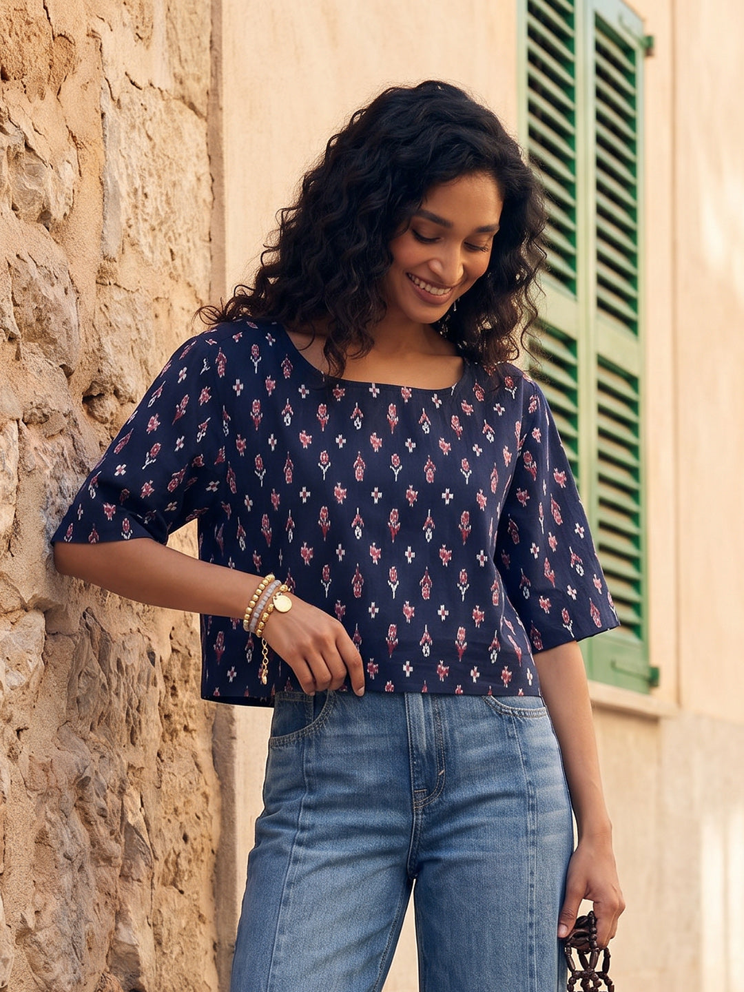Janasya Navy Blue Crop Cotton Top - Dista