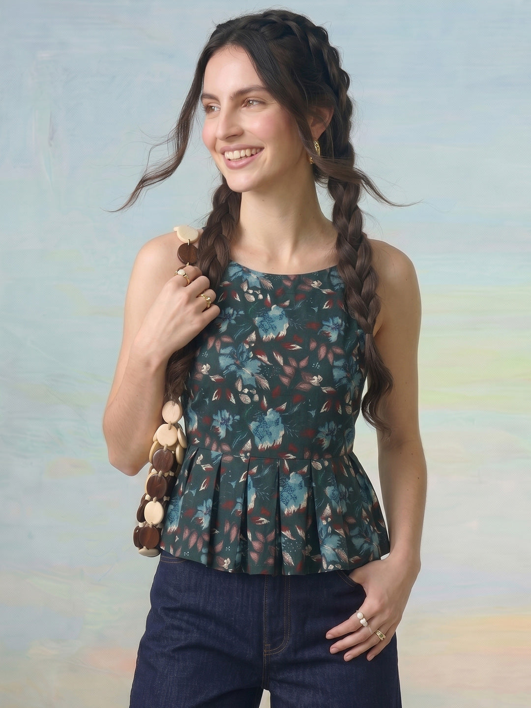 Janasya Bottle Green Peplum Cotton Top - Dista
