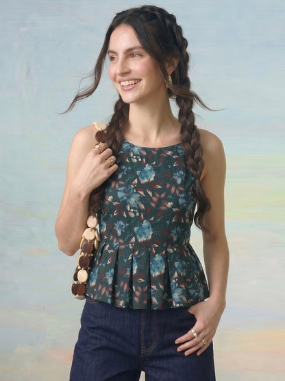 Janasya Bottle Green Peplum Cotton Top - Dista