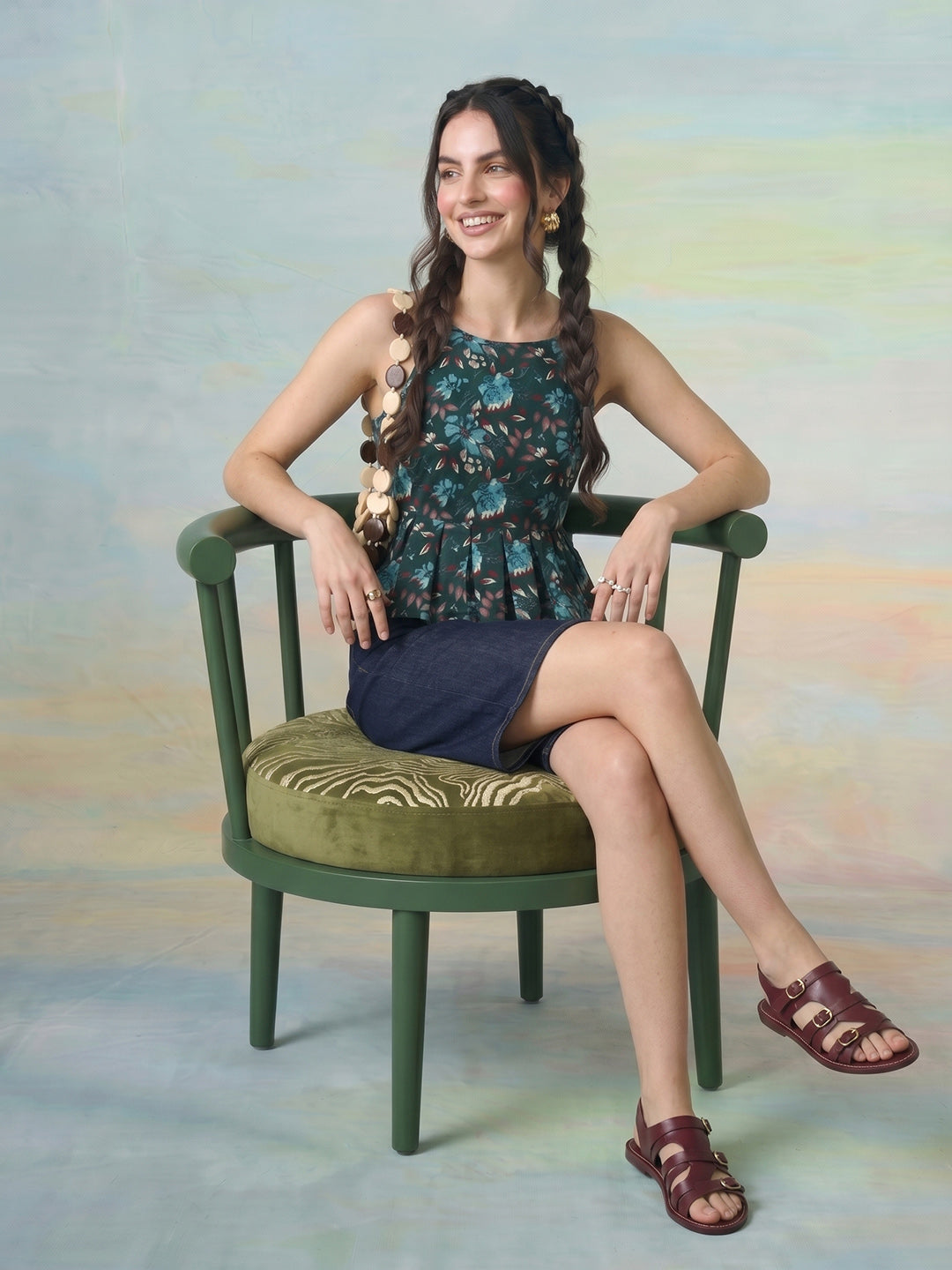 Janasya Bottle Green Peplum Cotton Top - Dista