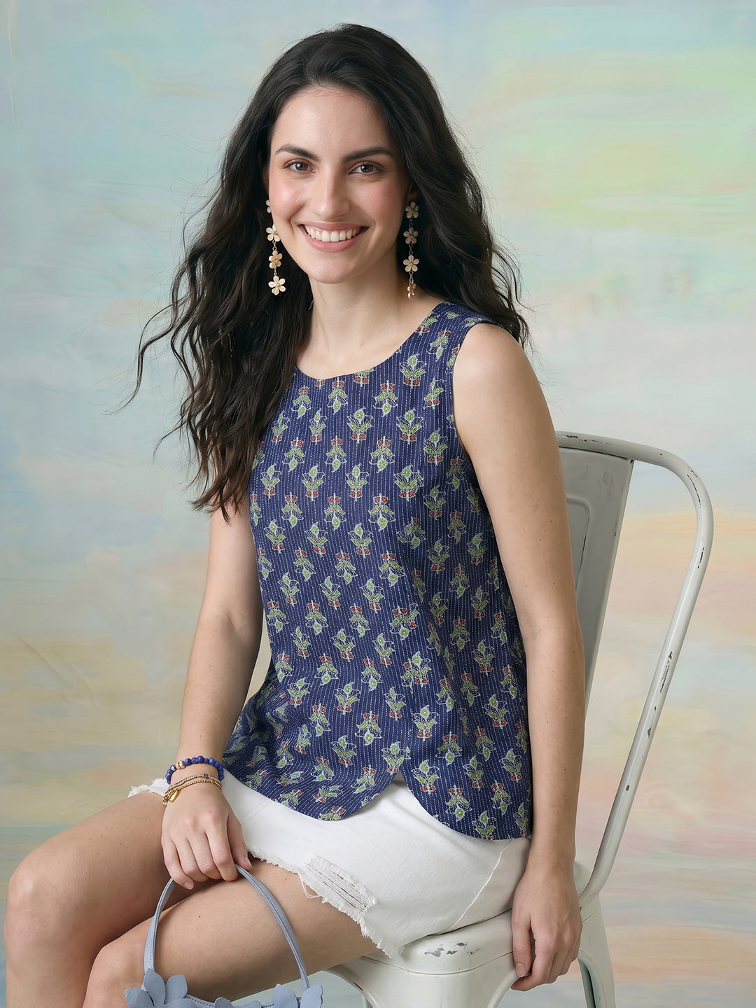 Janasya Navy Blue Straight Cotton Top - Dista