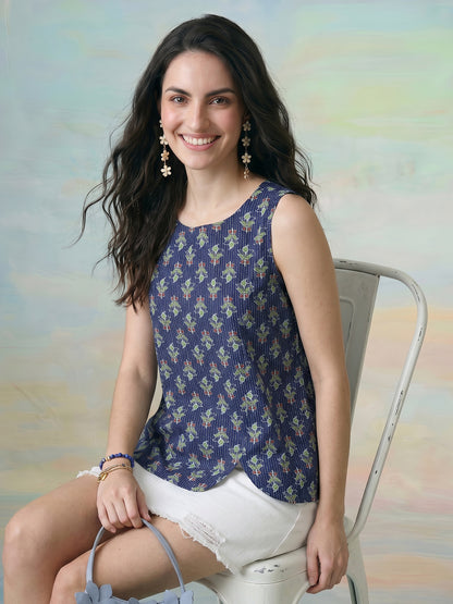 Janasya Navy Blue Straight Cotton Top - Dista