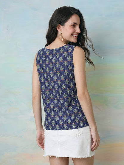 Janasya Navy Blue Straight Cotton Top - Dista