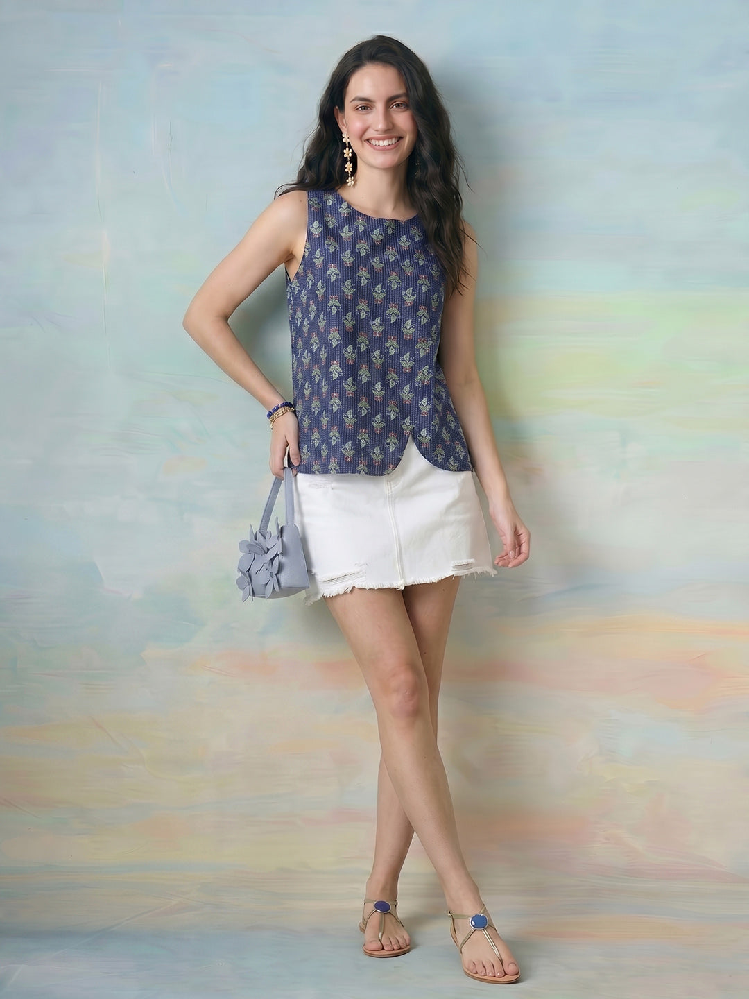 Janasya Navy Blue Straight Cotton Top - Dista