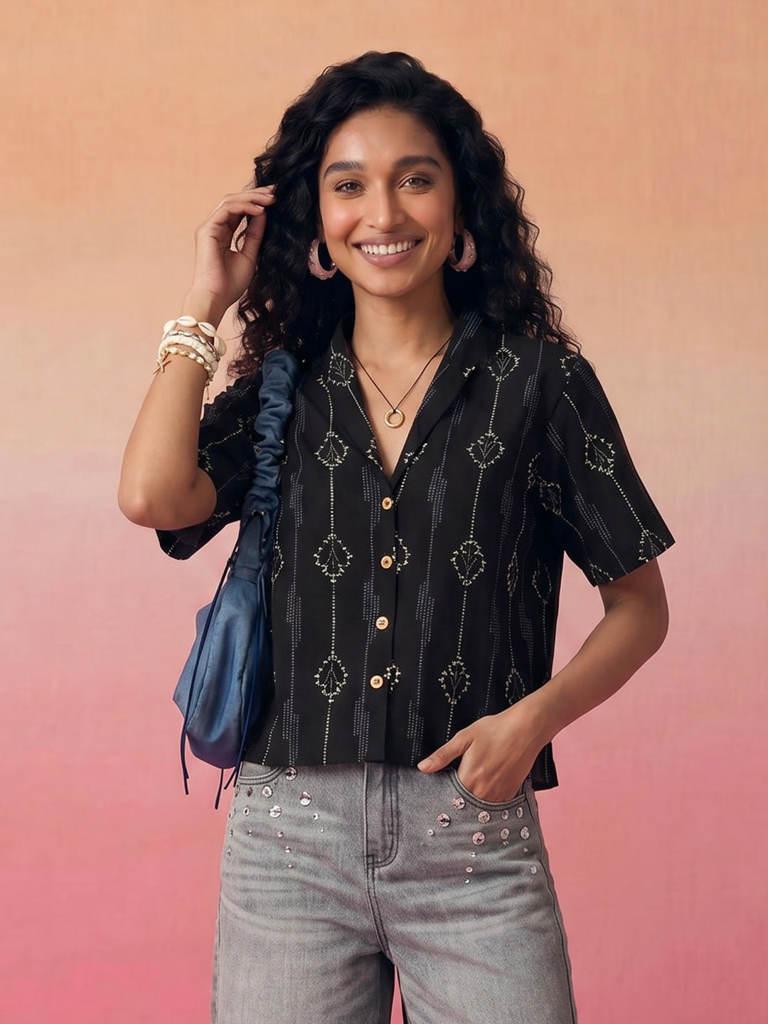 Janasya Black Shirt Cotton Top - Dista