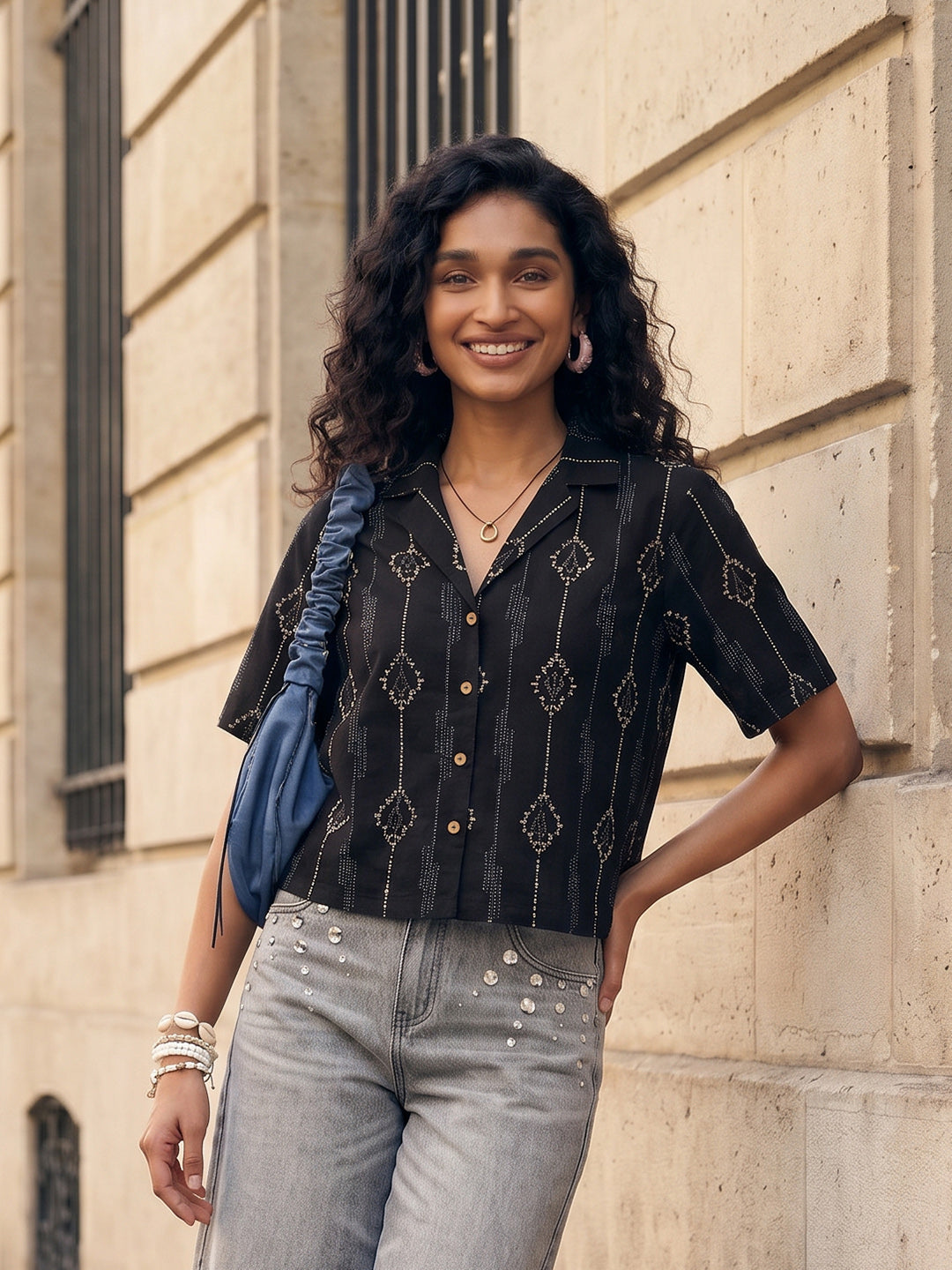 Janasya Black Shirt Cotton Top - Dista