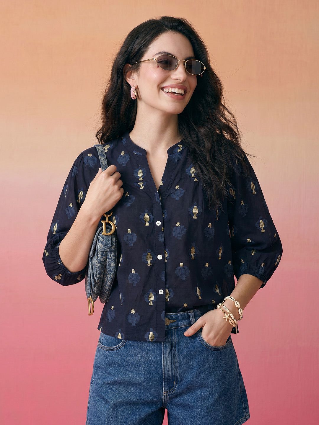 Janasya Dark Blue Shirt Style Cotton Top - Dista