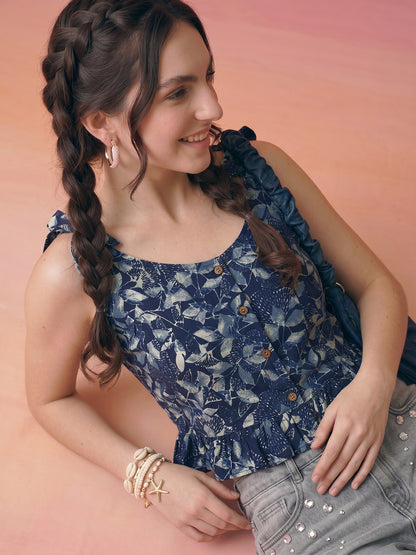 Janasya Navy Blue Peplum Cotton Top - Dista