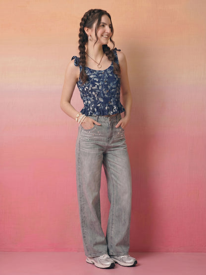 Janasya Navy Blue Peplum Cotton Top - Dista