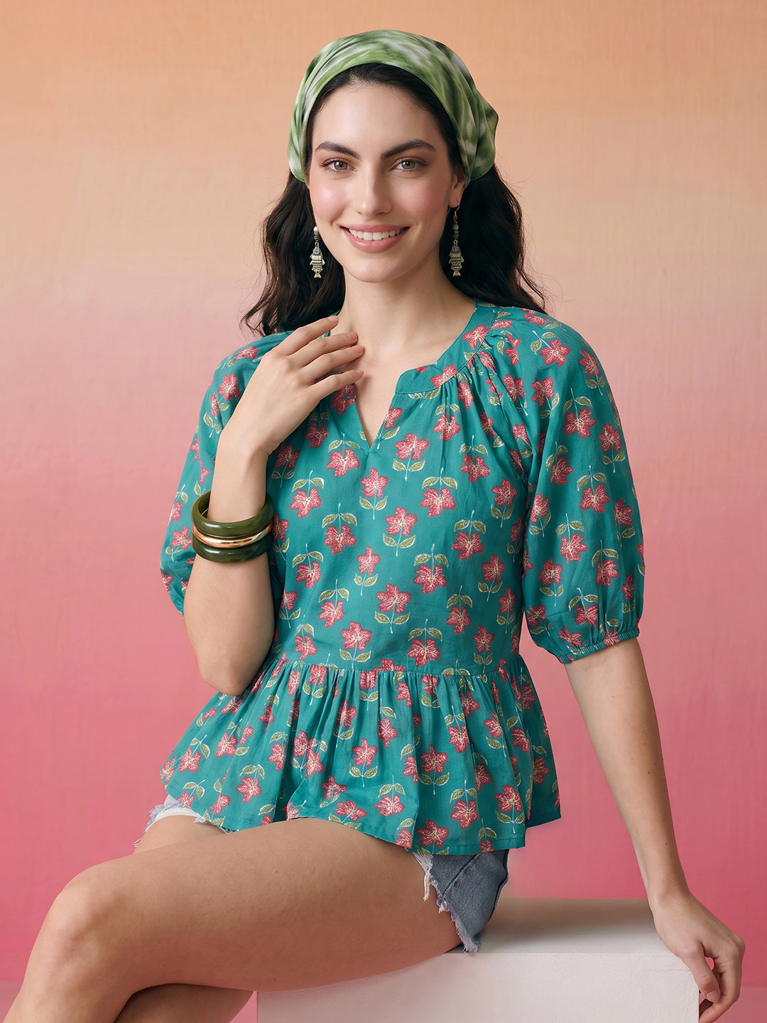 Janasya Teal A-Line Cotton Top - Dista